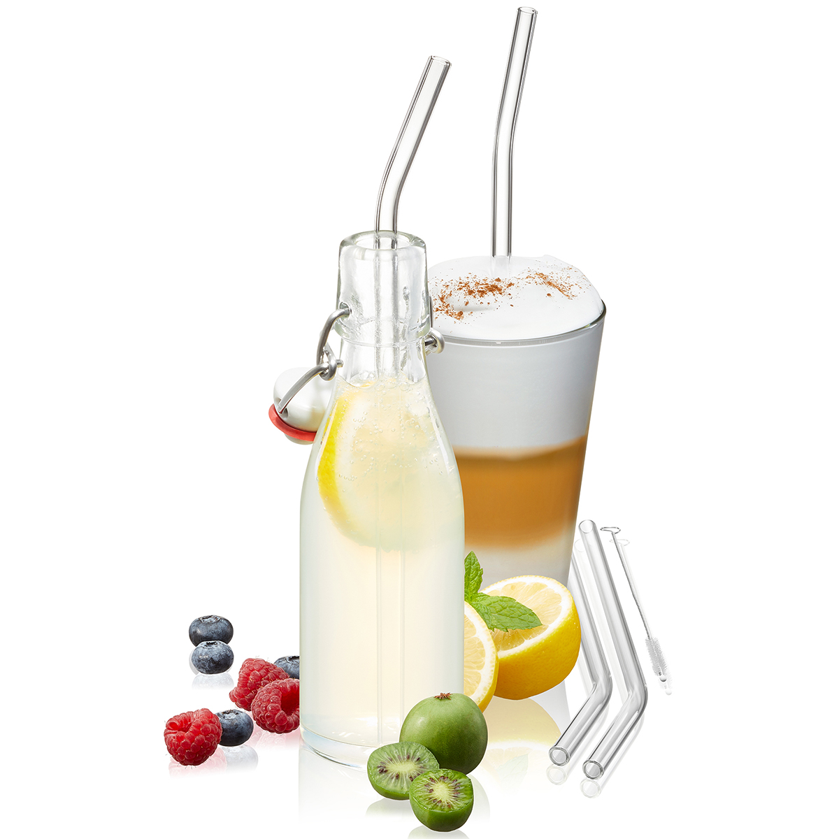 Trinkhalm Glas FUTURE, (4 ST. & Bürste),  23cm, transparent